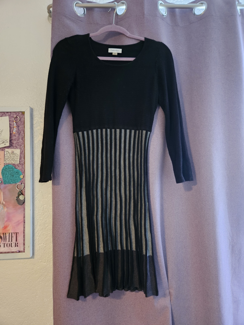 Calvin Klein Black and Gray Striped Ribbed Midi Dress